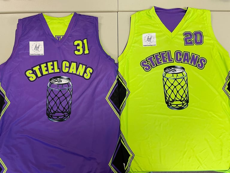 Two Steel Cans basketball jerseys displayed side by side: purple number 31 and neon yellow number 20